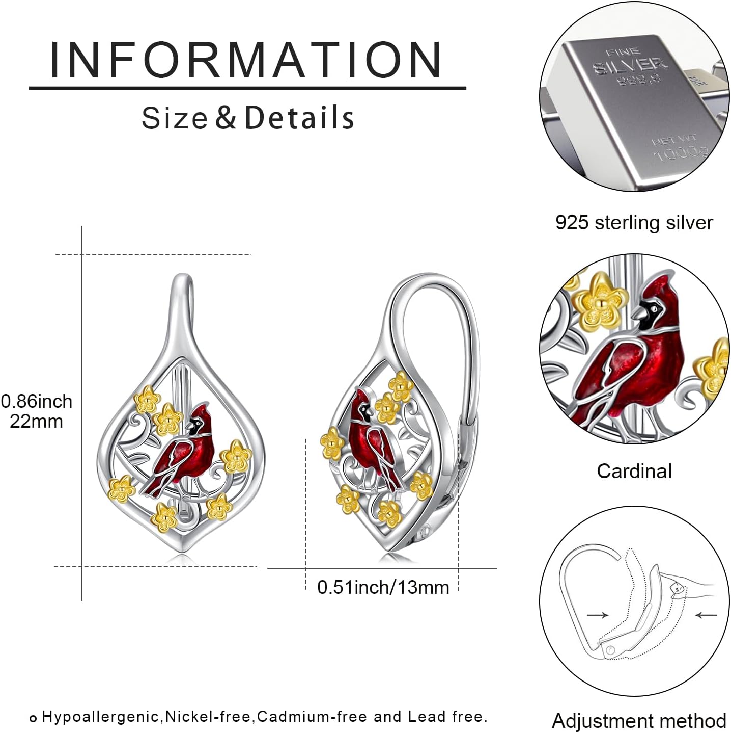 Cardinal/Hummingbird/Parrot Earrings for Women 925 Sterling Silver Bird Dangle Drop Leverback Earrings Hypoallergenic Cardinal Jewelry Christmas Birthday Gifts - Image 6