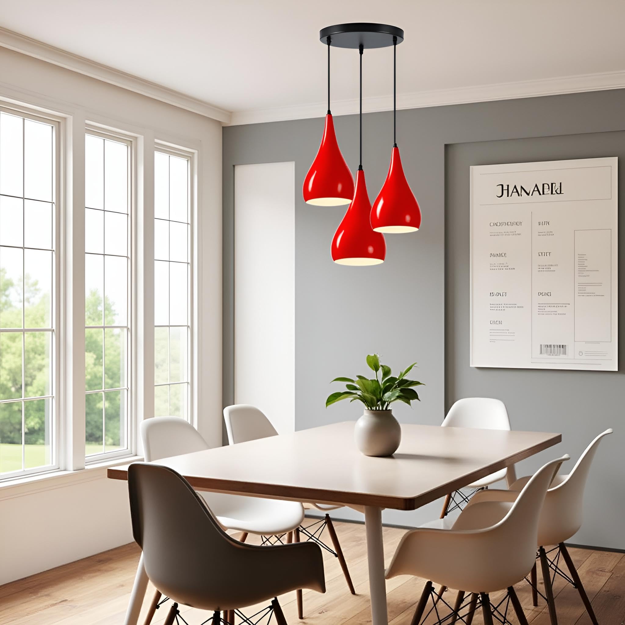 LEDSone Lampadario a sospensione a 3 teste, moderno in metallo a goccia a goccia, lampada a sospensione a grappolo con attacco E27 per soggiorn (Borgogna)