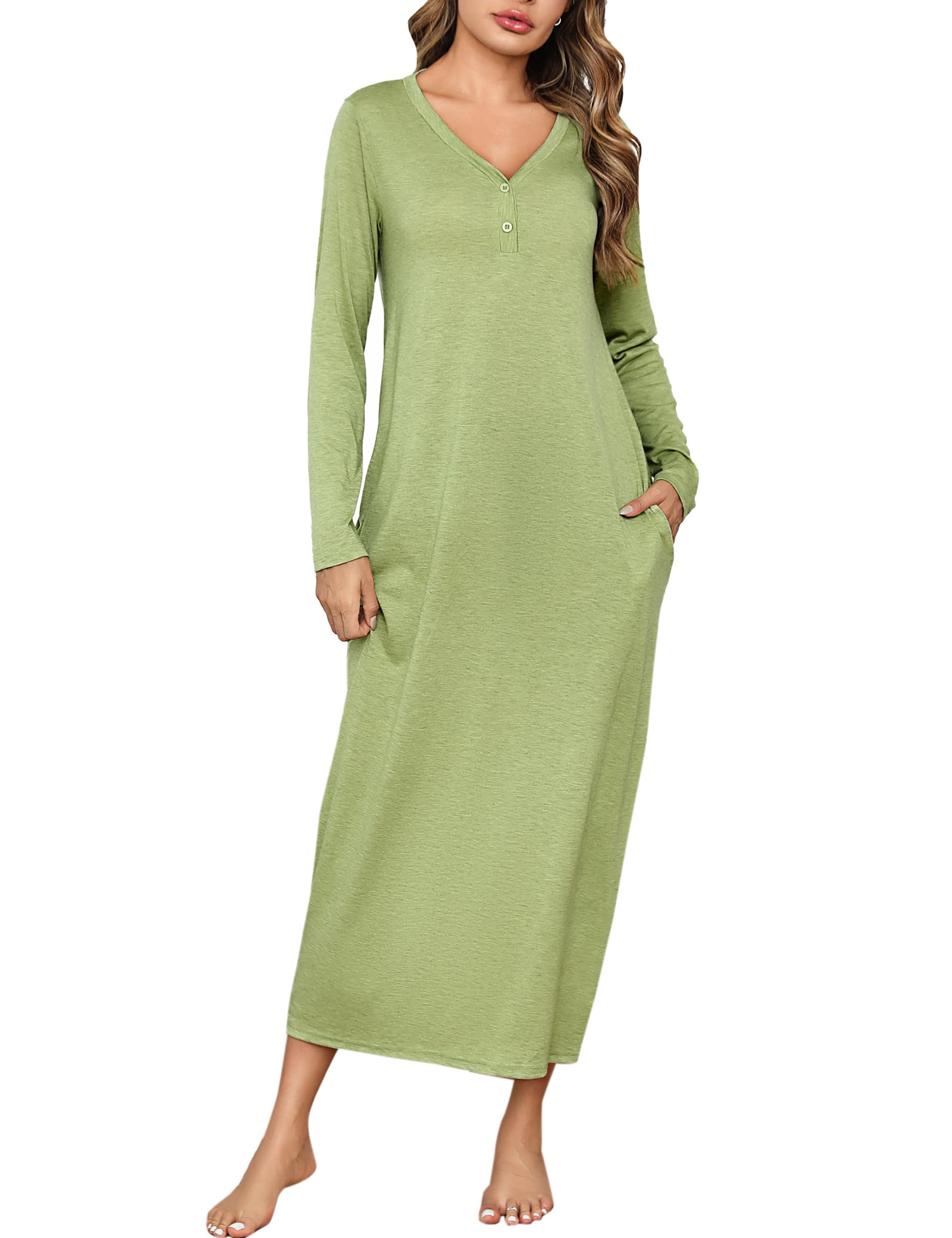 LeversicWomen Long Sleeve Nighties Ankle Length Long Nightgown Cotton Button V-neck Long Nightdresses Plus Size Nightshirt With Pockets(Green,XXL)