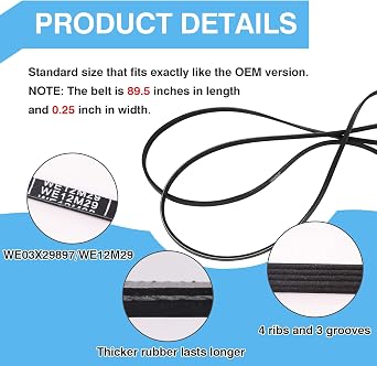 WE12M29 WE03X29897 Dryer Belt (89.5in) fits for Whirlpool, Hotpoint, GE Dryer Belt Replacement, Replace for Dryer Drum Drive Belt WE12M22, WE12M33, PS16542496 for GTD33eask0ww, GTD42easj2ww