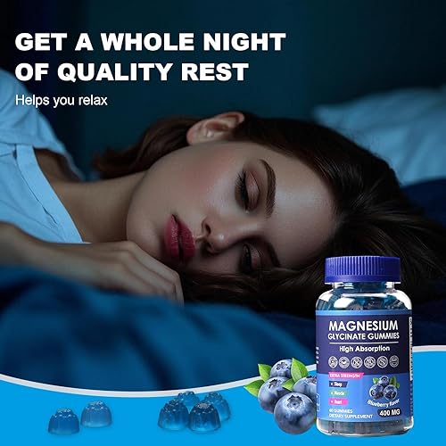 Miniatura 6 de Gomitas de glicinato de magnesio con sabor a arándanos, 400 mg, suplemento de alta absorción para adultos y niños, sin azúcar, sin gelatina, aptas
