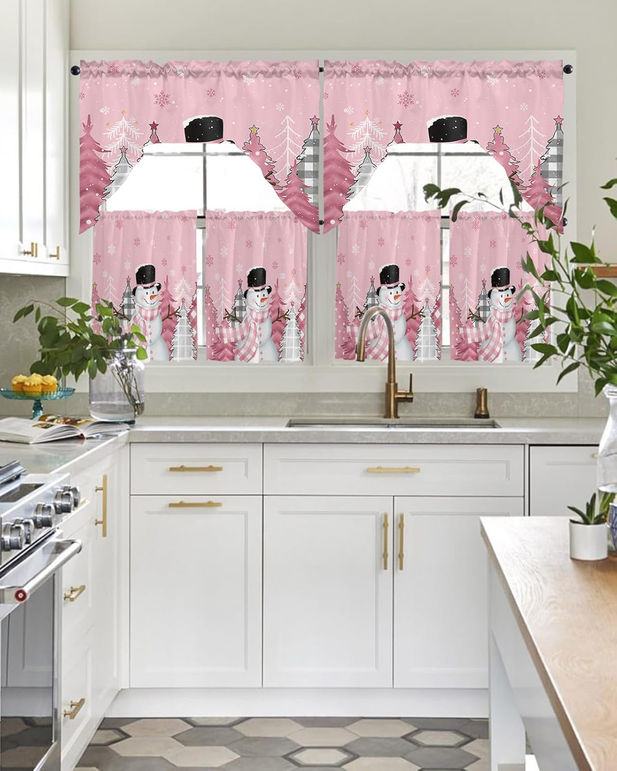 Christmas Snowman 3pcs Kitchen Tier and Swag Window Curtain Set for Small Window 36 Inches Length, Buffalo Plaid Pine Tree Blush Pink Rod Pocket Light Filtering Window Treatment Swags Tier Set