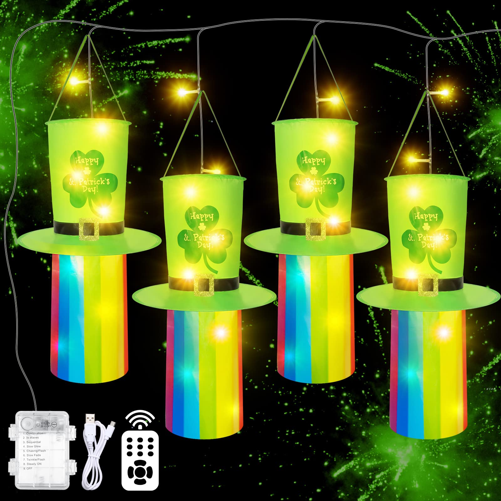 4 Pack Leprechaun Top Hat St. Patrick's Day Decorations Lights 13 Feet Hanging Green String Lights Shamrock Irish Windsock F5 Outdoor String Lights USB Battery Operated with Remote for Home Yard Party