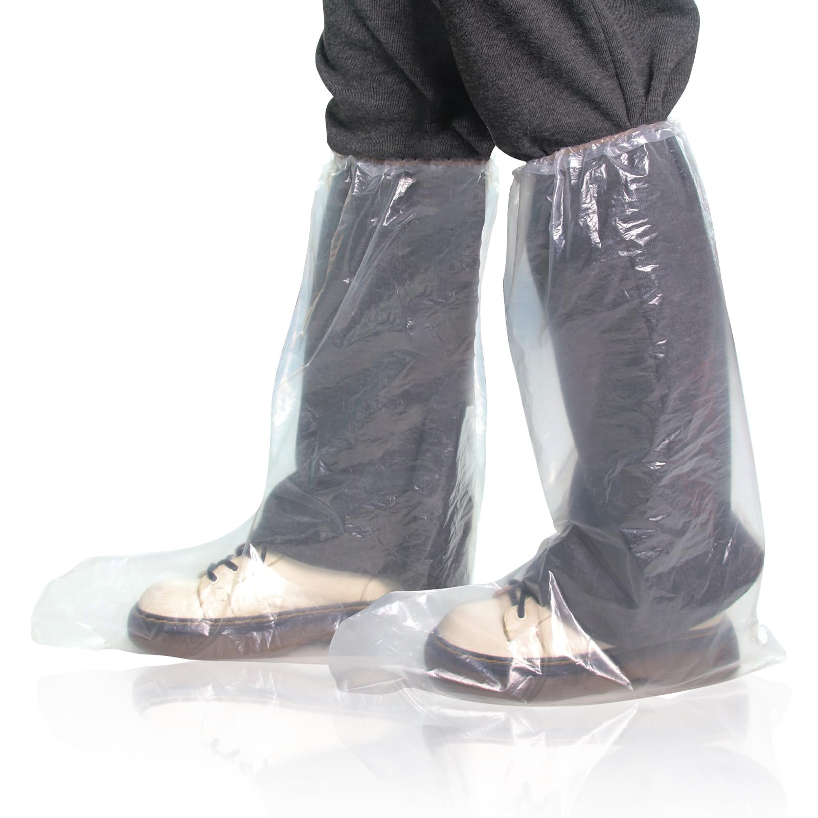 Disposable Plastic Boot and Shoe Covers 100 Pack (50 Pairs) Anti-Slip Waterproof Durable Reusable Cover Plastic Long Rain Shoe Cover (Transparent)