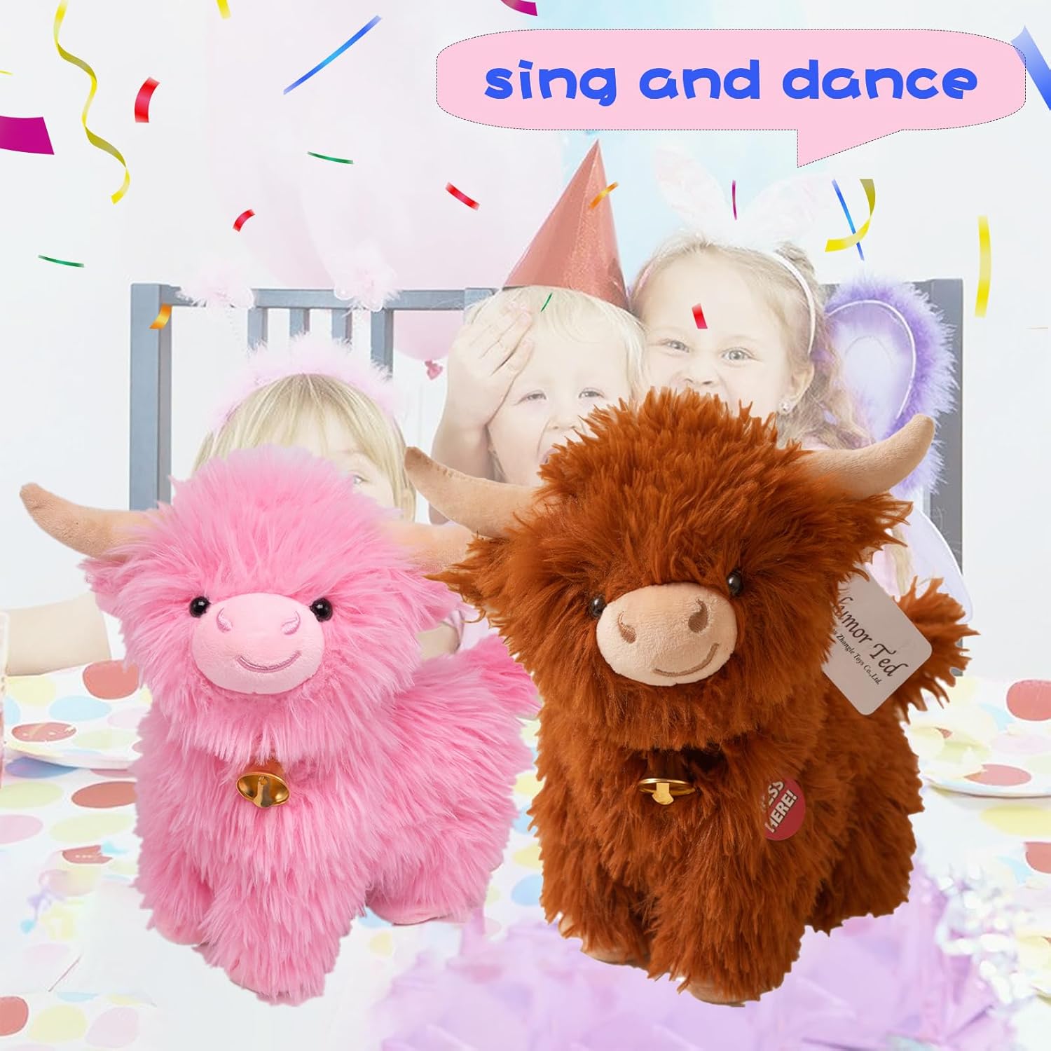 Crazy Dancing Singing Funny Highland Cow Stuffed Animals, Interactive Scottish Highlander Cattle Musical Valentines Day Plush Toys That Can Spin While Playing Songs A Gift for Kids Easter Birthdays
