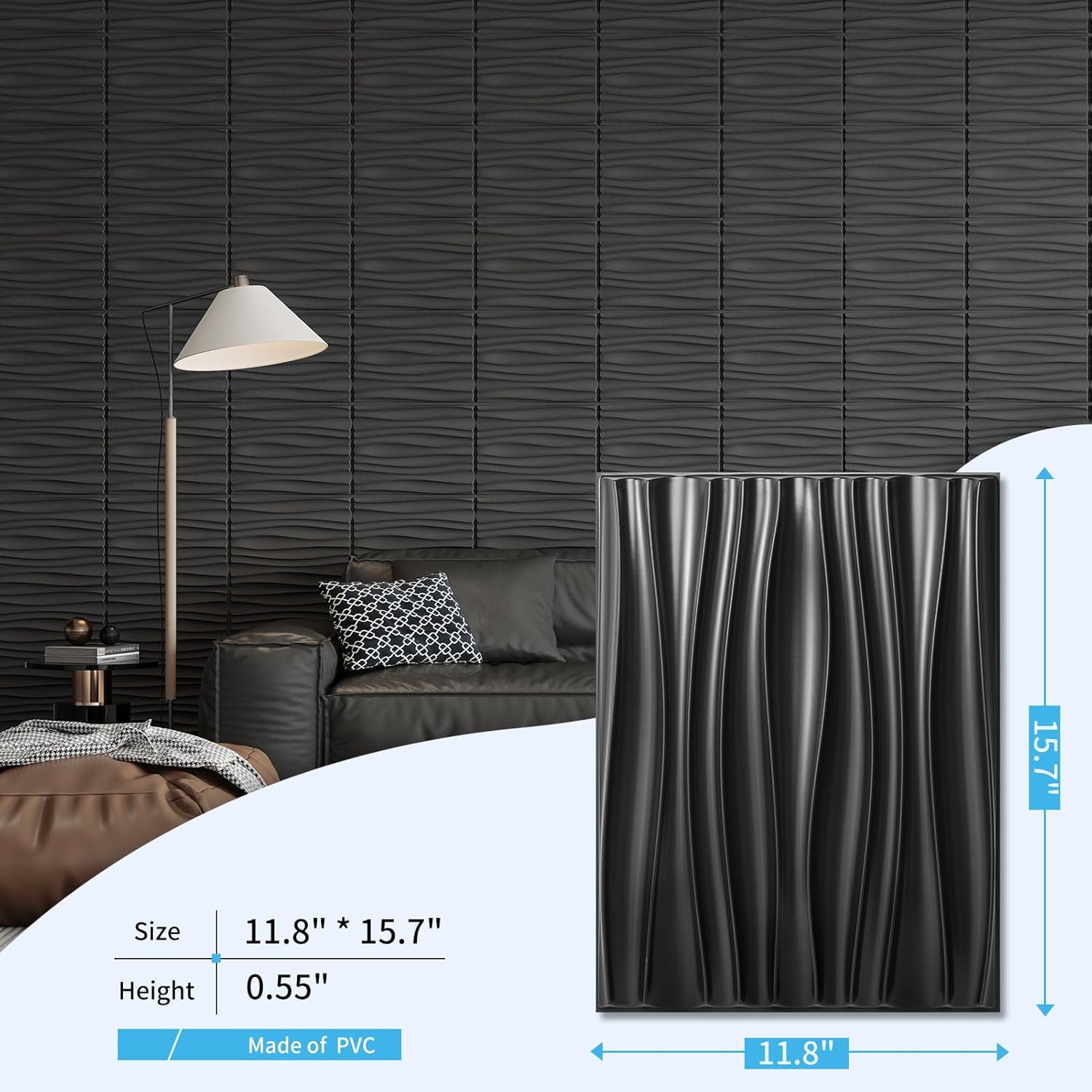 Art3d 24-Pack 3D Wall Panels for Interior Home Décor, PVC Wavy Textured Accent Wall Paneling for Living Room Bedroom TV Backdrop Office, 15.7 x 11.8 Inch - Black