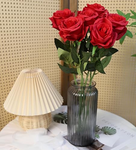 Miniatura 3 de IPOPU 6 rosas artificiales de seda de color rojo profundo con hojas falsas de tallo largo, rosas artificiales de tallo largo adecuadas para bodas,