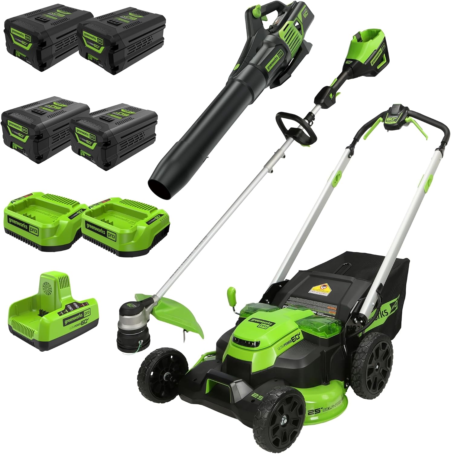 Greenworks 60V 25" (Self-Propelled) Lawn Mower + 16" String Trimmer + Leaf Blower, (2) 4.0Ah, (2) 2.5Ah Batteries, Dual Port Rapid Charger, (2) Rapid Chargers
