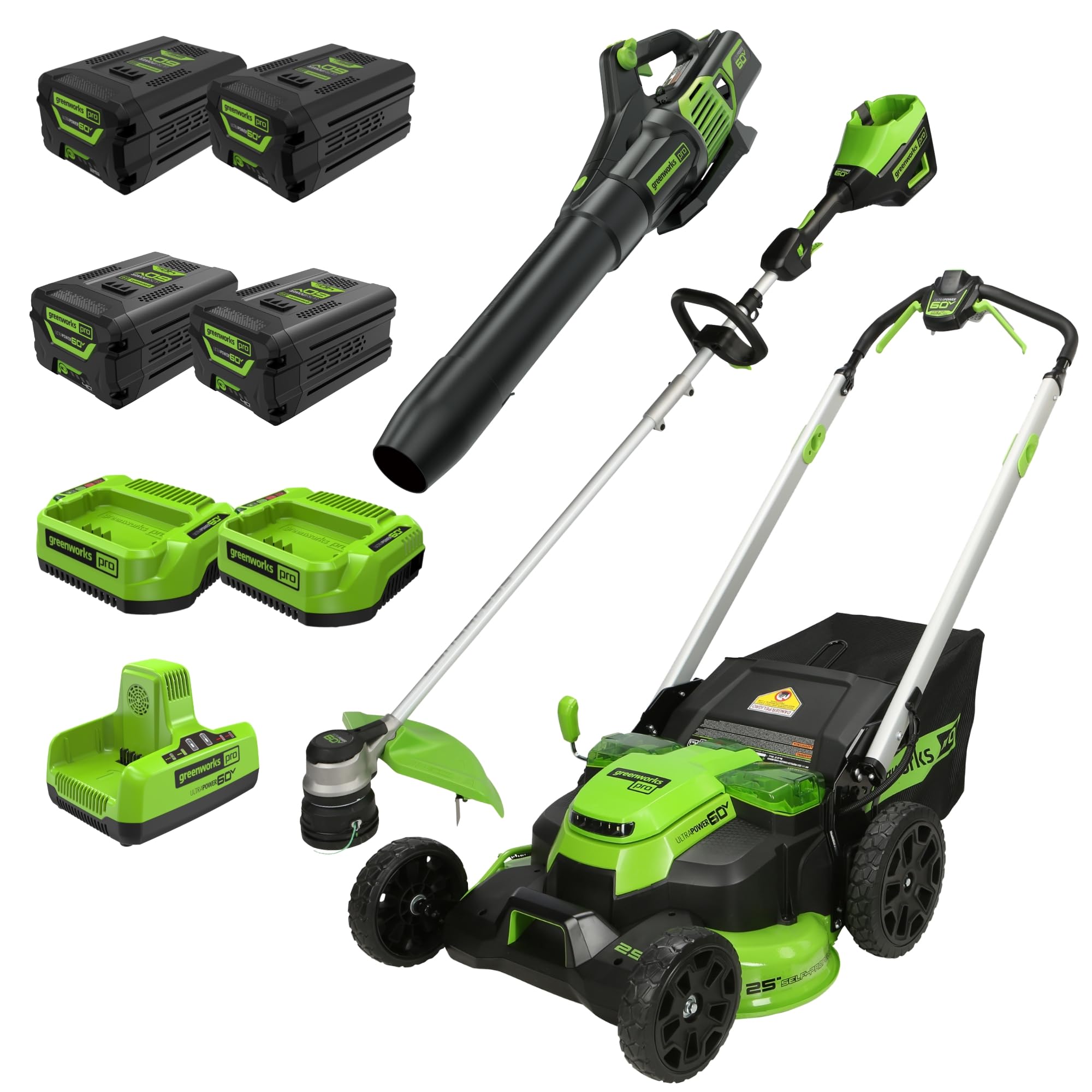 Greenworks 60V 25" (Self-Propelled) Lawn Mower + 16" String Trimmer + Leaf Blower, (2) 4.0Ah, (2) 2.5Ah Batteries, Dual Port Rapid Charger, (2) Rapid Chargers