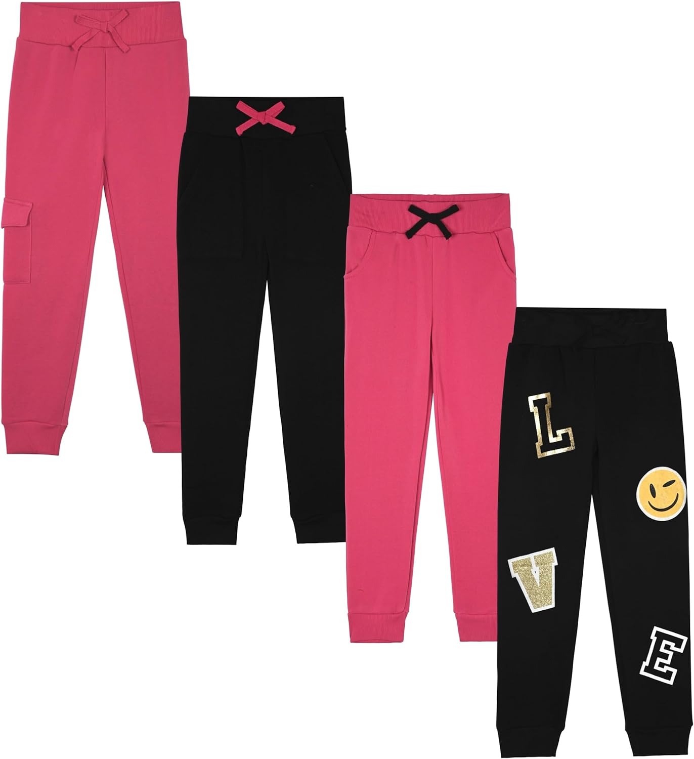 Dreamstar Girls 4-Pack Jogger Set – Glitter & Foil Graphic Fleece Sweatpants for Toddlers, Little & Big Girls