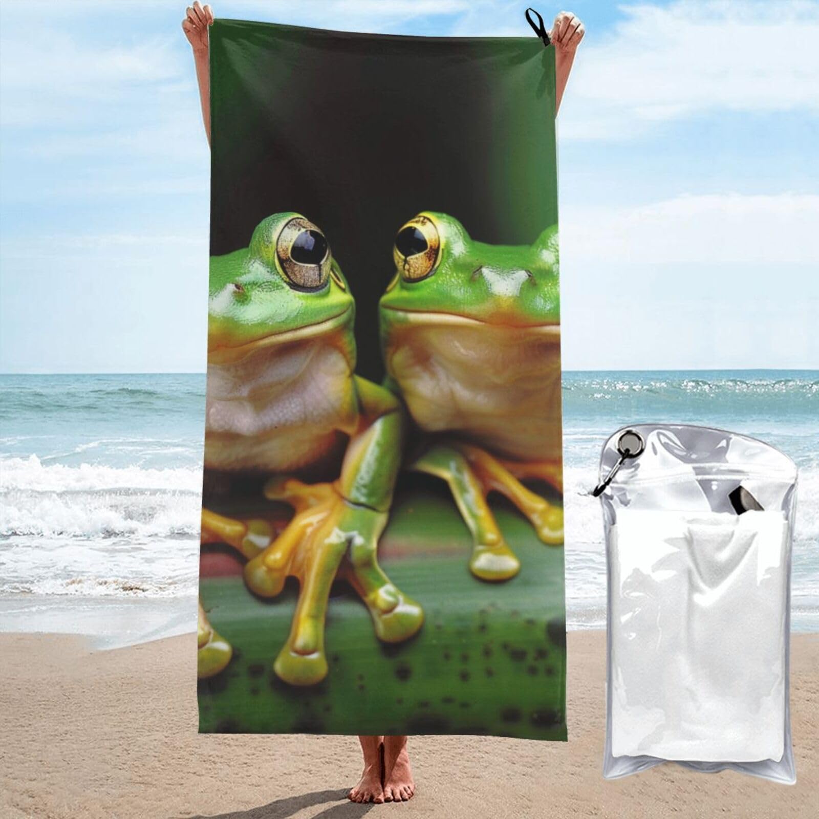 kkvhhyuo Microfiber Beach Towel, Cute Frog Printed Lightweight Quick Dry Travel Bath Sheet with Compact Carry Bag for Swimming Yoga Camping Gym,31.5"x63"