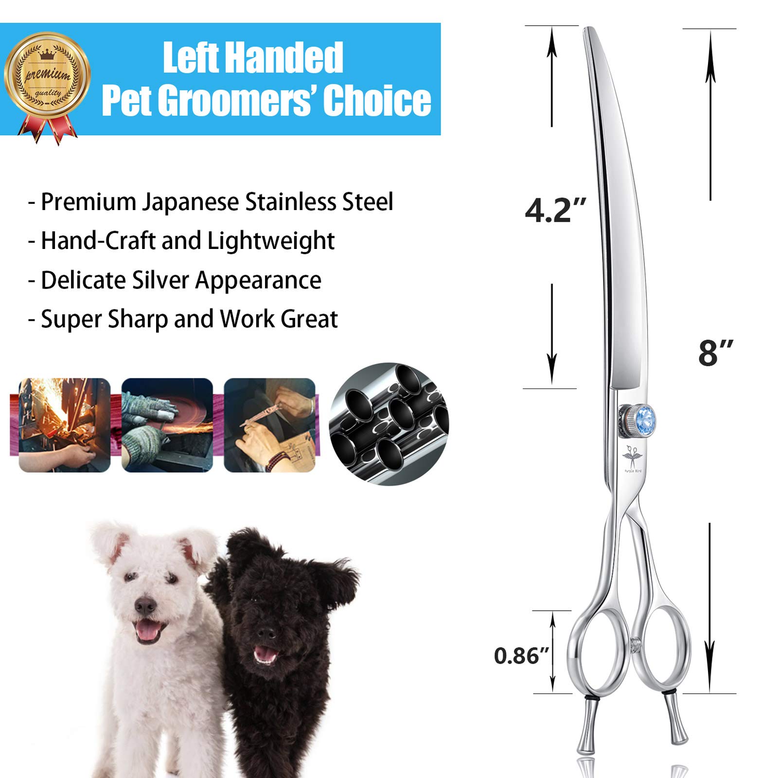 PURPLEBIRD Tijeras de aseo para perros curvadas para zurdos de 8 pulgadas tijeras profesionales de corte para mascotas de seguridad sin ruido, punta roma, para perros gatos, acero inoxidable japonés
