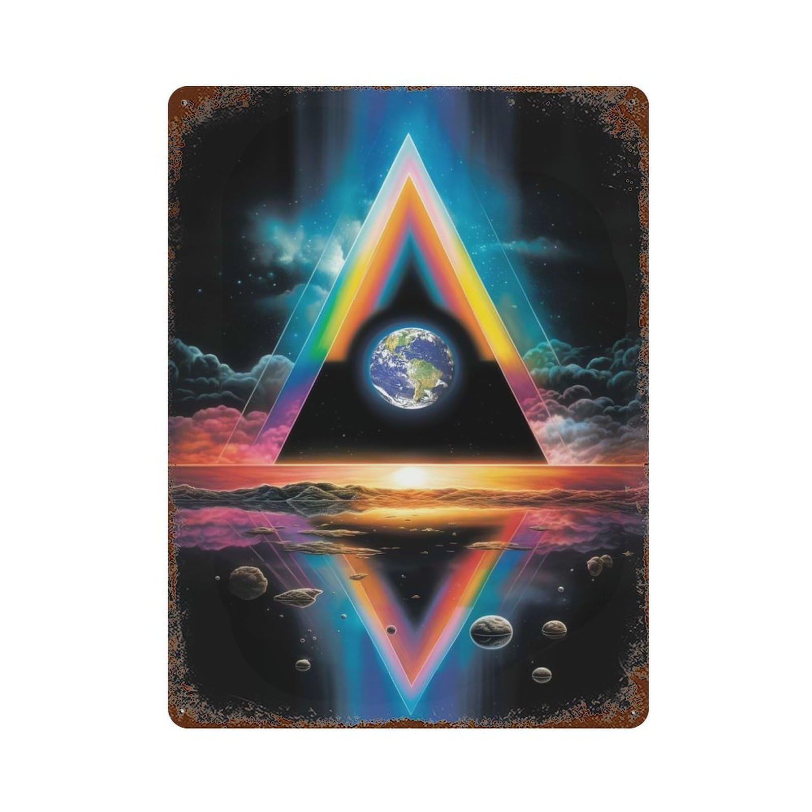 Earth Rainbow Prism Rust Effect Tin Sign 15.7"x11.8", Old School Wall Decor for Farmhouse, Kitchen And Entryway Decor