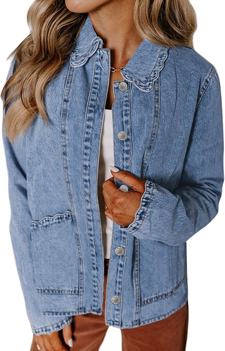 Sidefeel Chaqueta vaquera de manga larga con volantes para mujer