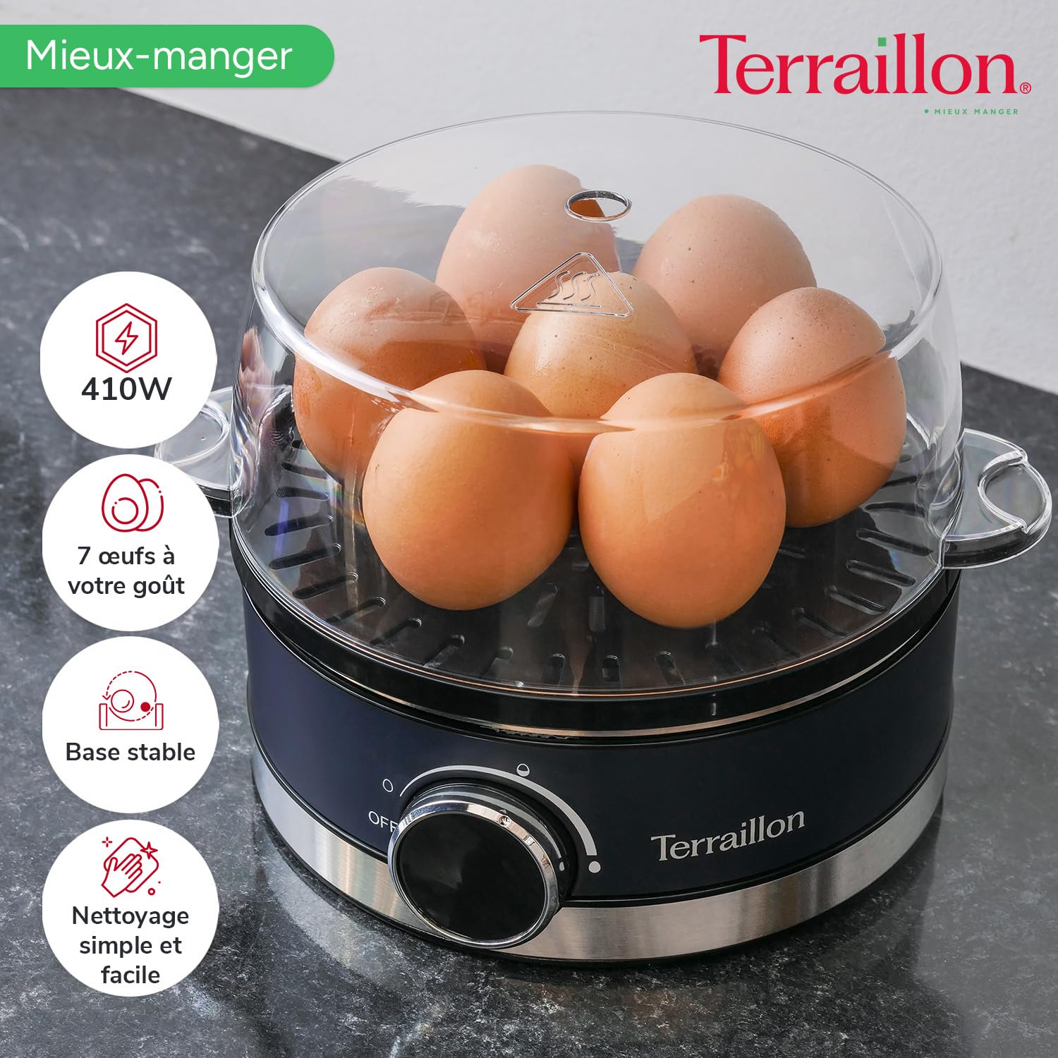 TERRAILLON - NEW MOON - Cuiseur à oeuf électrique, Capacité 7 oeufs, 410 W, Minuteur intégré, couvercle intégré, gobelet de mesure, Corps Inox peint, Bleu