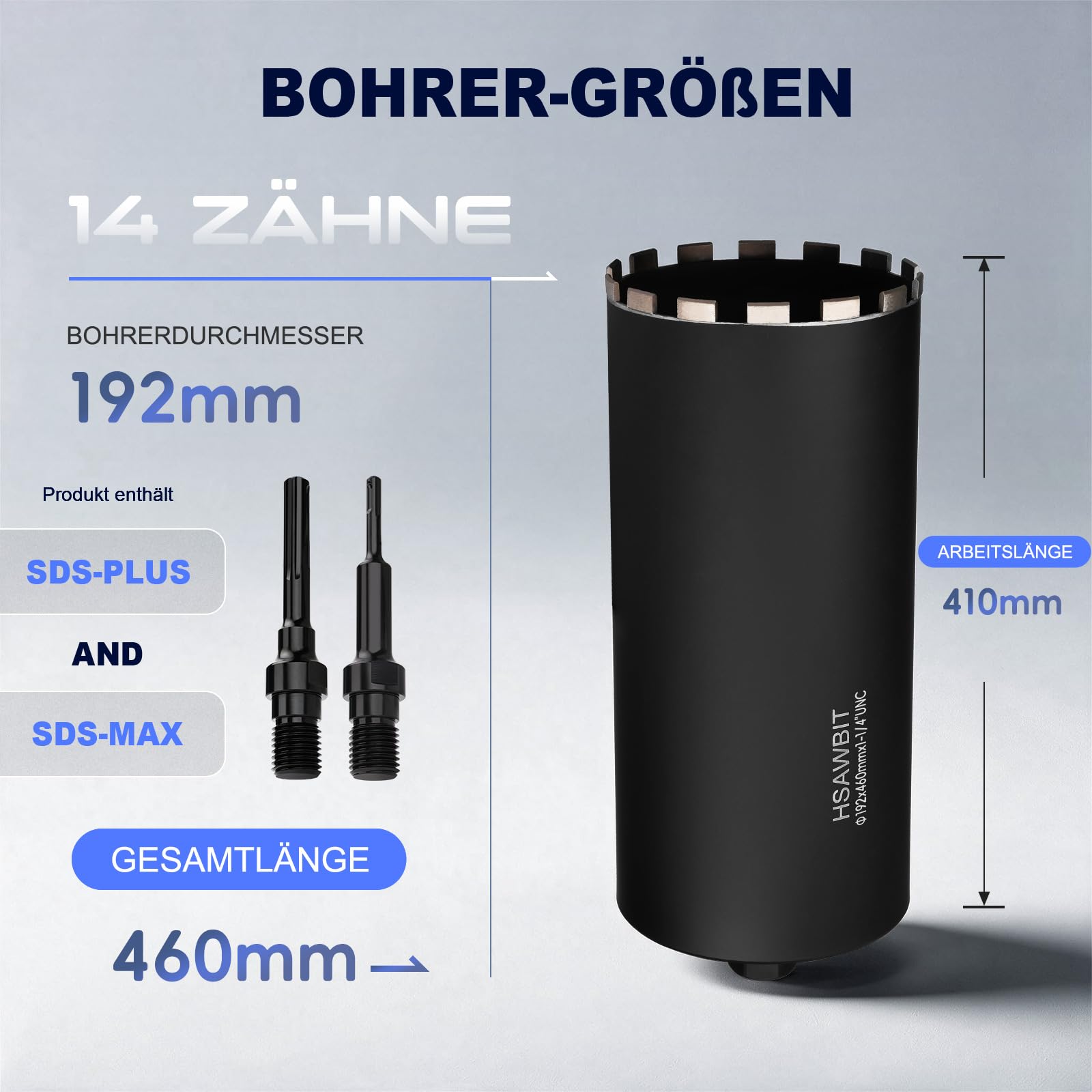 Corona da trapano da 192 mm, UNC, SDS-Plus, SDS Max, lunghezza 460