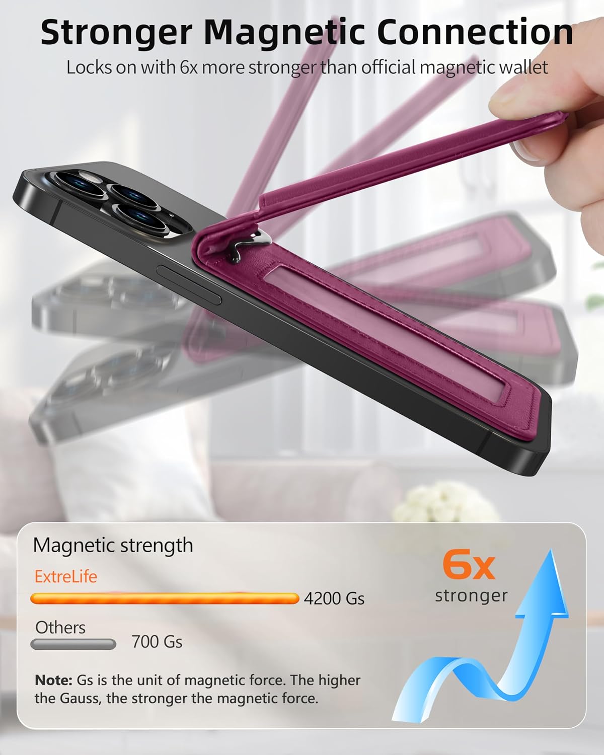 ExtreLife For Magsafe Wallet with Money Clip, Strongest Magnetic Wallet for iPhone 17/16/15/14/13/12 Series, Adjustable Stand, ID Window, 5 Card Holder, RFID Blocking, Not for 13/12 Mini, Cherry thumbnail