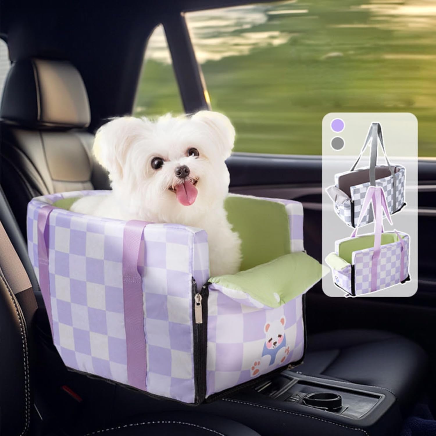 Center Console Dog Car Seat for Pets Up to 15 lbs, Detachable, Washable Cushion, Anti-Slip, Perdurable Oxford Fabric Dogs Cats Portable Travel Carrier, Safety Belt Leash (Purple Plaid, 45cm*25cm*22cm)