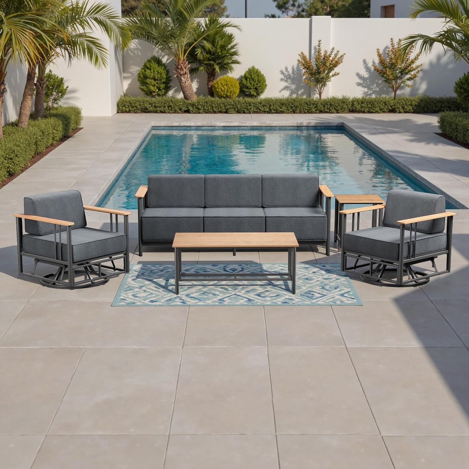 Luxury Outdoor Furniture Set with Swivel Chairs, 5 PCS Patio Furniture Set with 6" Extra Thick Cushions, Suitable for Porch, Balcony, Deck, Patio, Yard, Poolside, Black/Grey