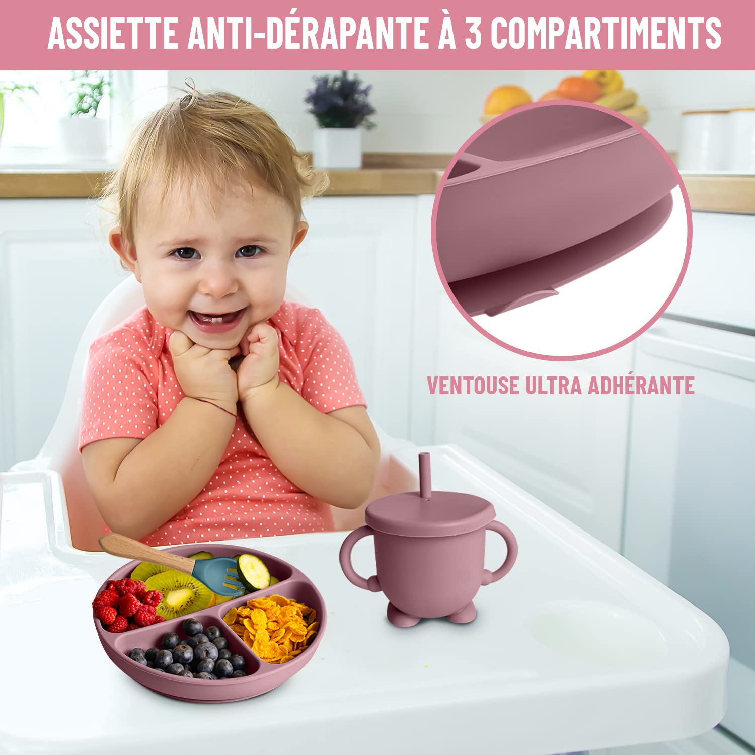 Cofanetto pasto in silicone per neonati (10 pezzi) – Piatto e ciotola antiscivolo con ventosa/posate (forchetta e cucchiaio) / tazza ermetica/bavaglino e sgranocchiatore – regalo nascita (rosa)