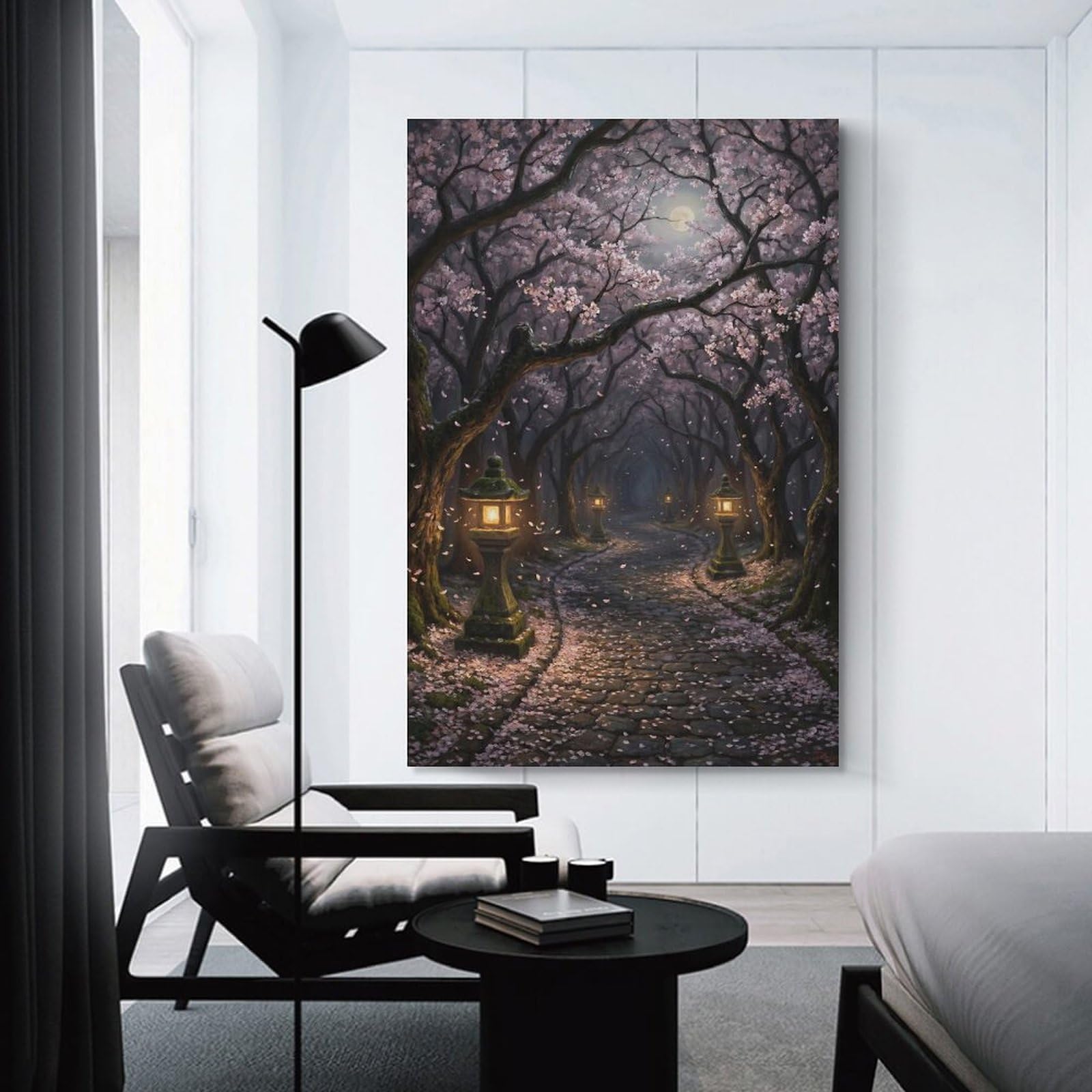Junmoney Enchanted Cherry Blossom Path at Night Canvas Wall Picture 16x24inch(40x60cm), for Entryway, Lounge Links Or Small Walls, Decorative Canvas Styling for Entry Areas