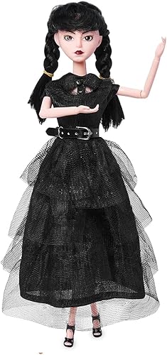 Muñecas negras para niñas de 11.5 pulgadas, cuerpo suave y cabello negro, tacones altos negros, vestido negro y accesorios