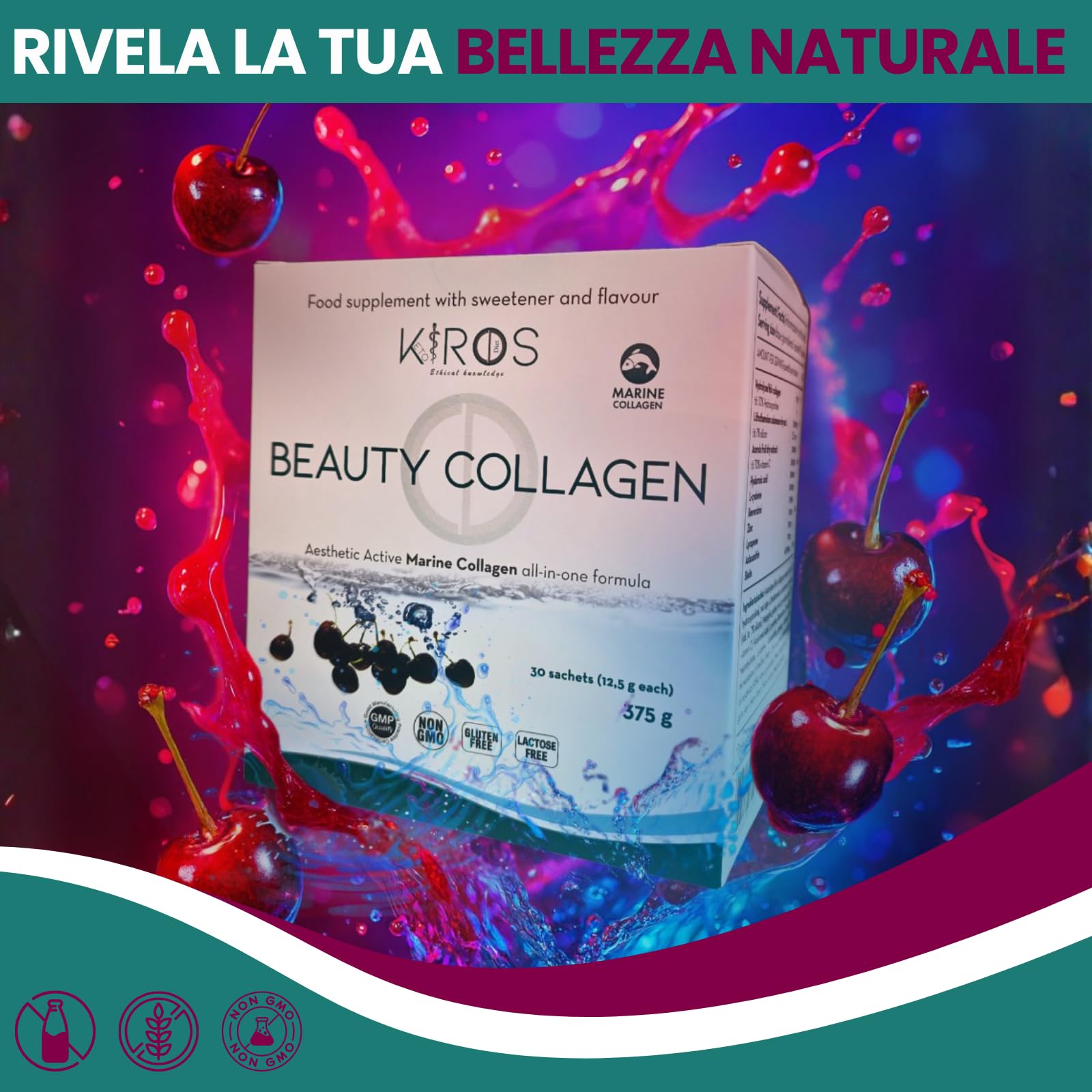 KIROS BEAUTY COLLAGEN – Collagene Marino Idrolizzato 10g con Acido Ialuronico, Vitamina C, Integratore Collagene per Pelle, Capelli e Unghie con Biotina e Zinco, 30 Bustine Gusto Amarena