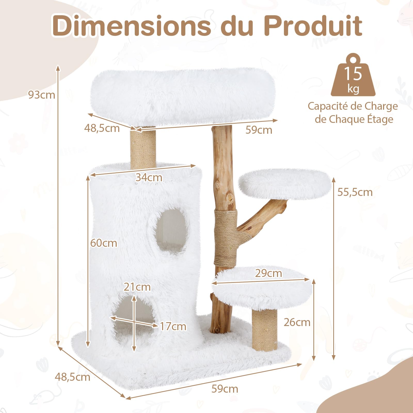COSTWAY Arbre a Chat Bois de Poirier 93 cm, Condo à 2 Niveaux, 3 Poteaux à Griffer en Jute, 4 Plateformes, Arbre à Chat Maine Coon, Base Épaisse à 2 Couches, Cushion Amovible (93 cm,Blanc+Naturel)