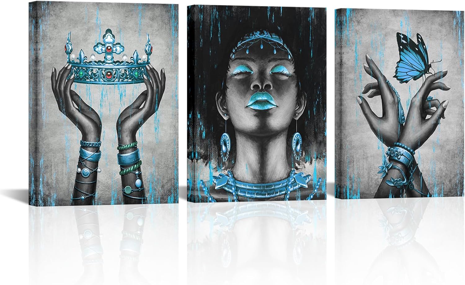 WELMECO Beautiful Black American Woman Canvas Wall Art Hands with Blue Crown Butterfly Fashion Charm Girl Picure Giclee Prints Gallery Wrapped Artwork Ready to Hang for Living Room Bedroom Decoration