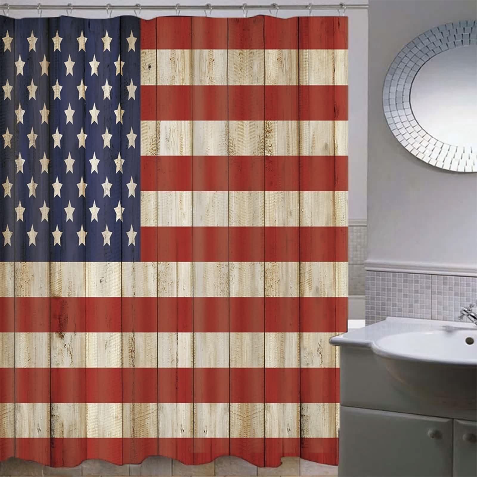 Duschvorhang Wasserdicht Textil Stoff Dunkel Blau Rot Weiß, American Flagge Muster Badvorhang Polyester Anti-Schimmel Schnell Trocknend mit Duschvorhangringen