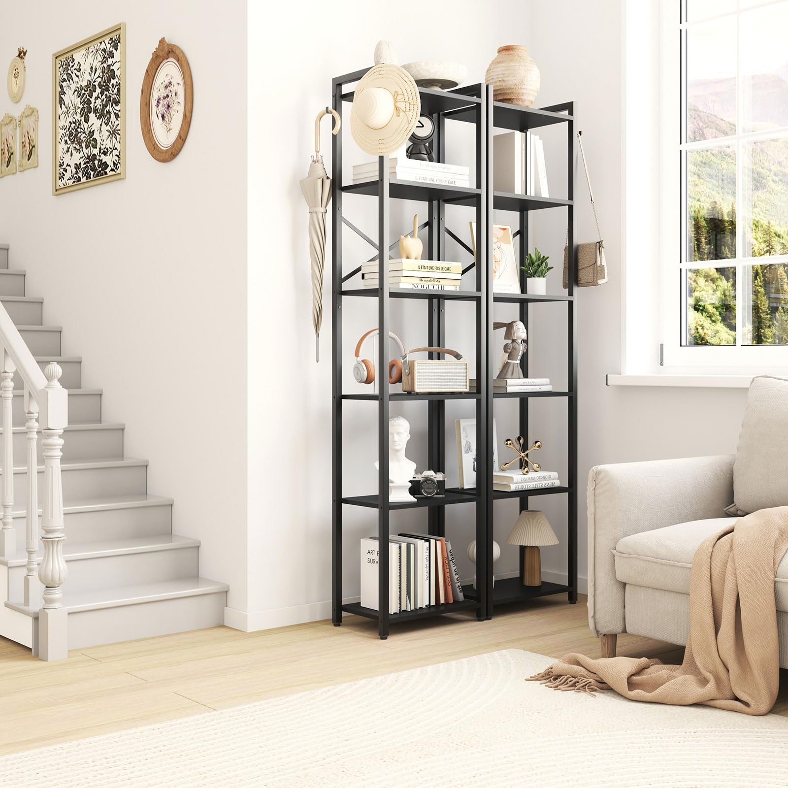 YMYNY Scaffale a 6 livelli, Libreria, Mensola a gradini, Alto 182 cm, Telaio in Metallo, Stile Industriale, per Soggiorno, Studio, Ufficio, Cucina, Nero HBC001B