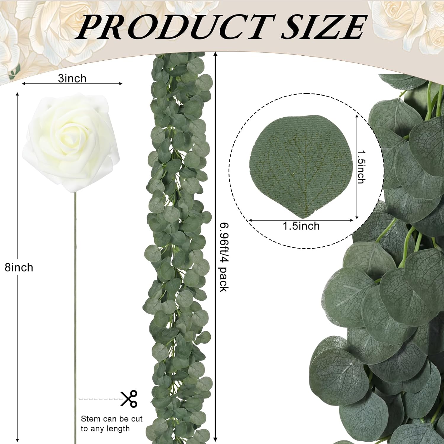 38 Pcs White Pillar Candles with Clear Hurricane Glass Holders Cylinder Candle Vases Artificial White Roses Eucalyptus Garland for Wedding Table Centerpieces Party Home Decor