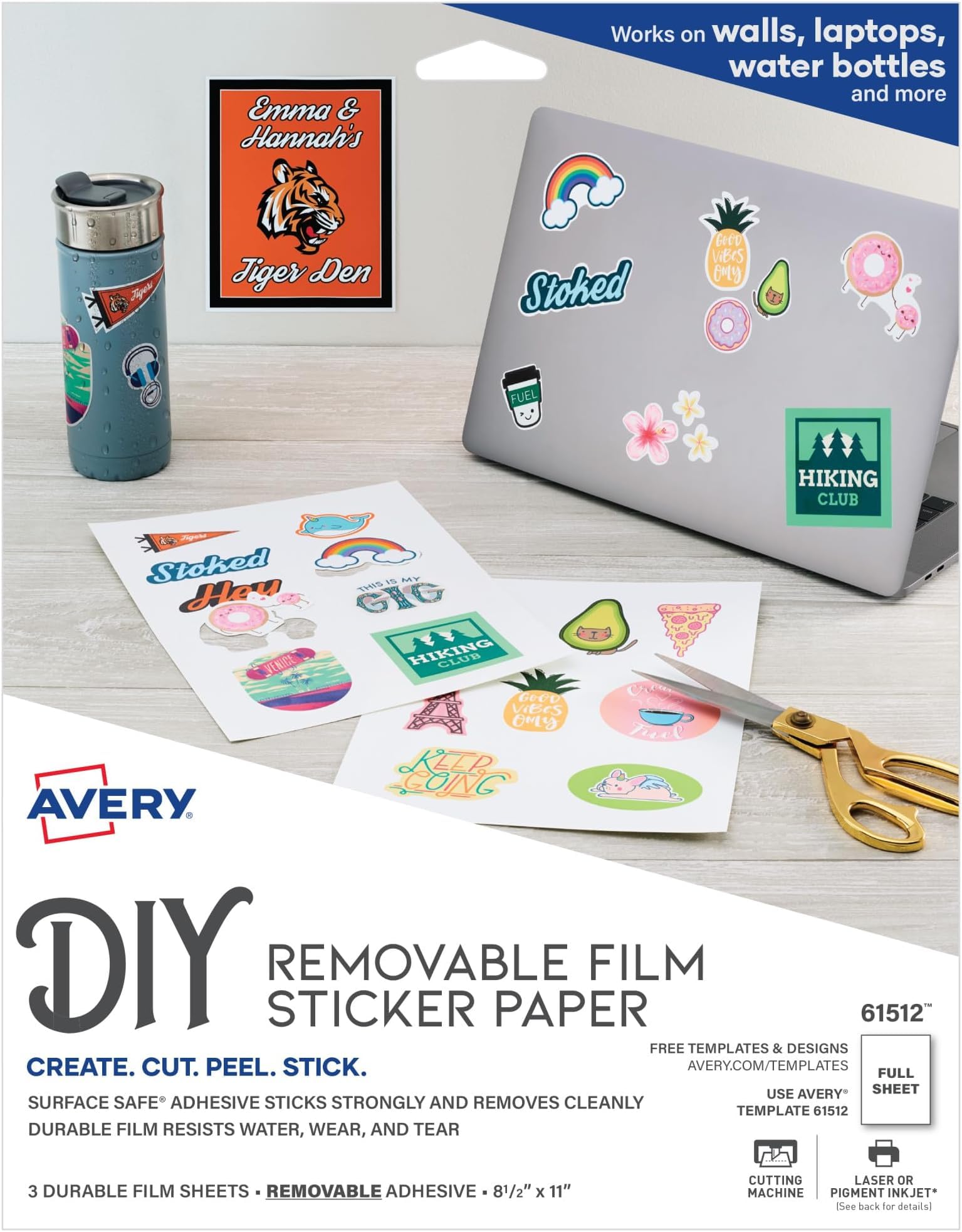 Avery Durable DIY Polyester Sticker Paper, 8.5" x 11", Removable Surface Safe Adhesive, Water-Resistant with Laser or Pigment-Inkjet Printers, 3 Full-Size Label Sheets (61512) (Pack of 5)