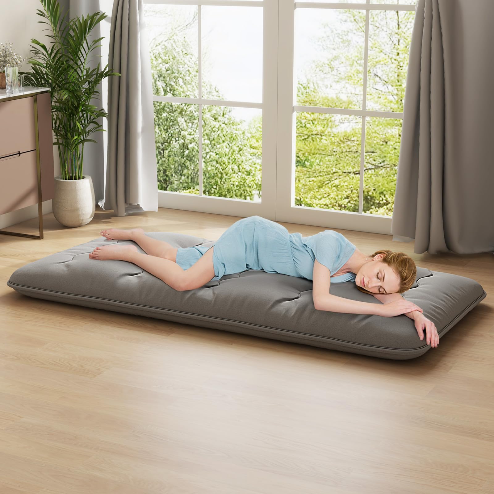 GIANTEX Colchón de Suelo Futón Japonés, Alfombrilla de Tatami Plegable y Portátil, Colchón Plegable con Bolsa de Transporte y Funda Extraíble (Gris, 90 x 200 cm)