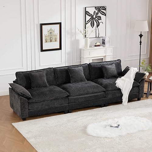 Miniatura 56 de Sofá seccional modular beige de 111.5", sofás seccionales grandes de 3 plazas para sala de estar, tela de chenilla marfil blanquecino, sofá nube de