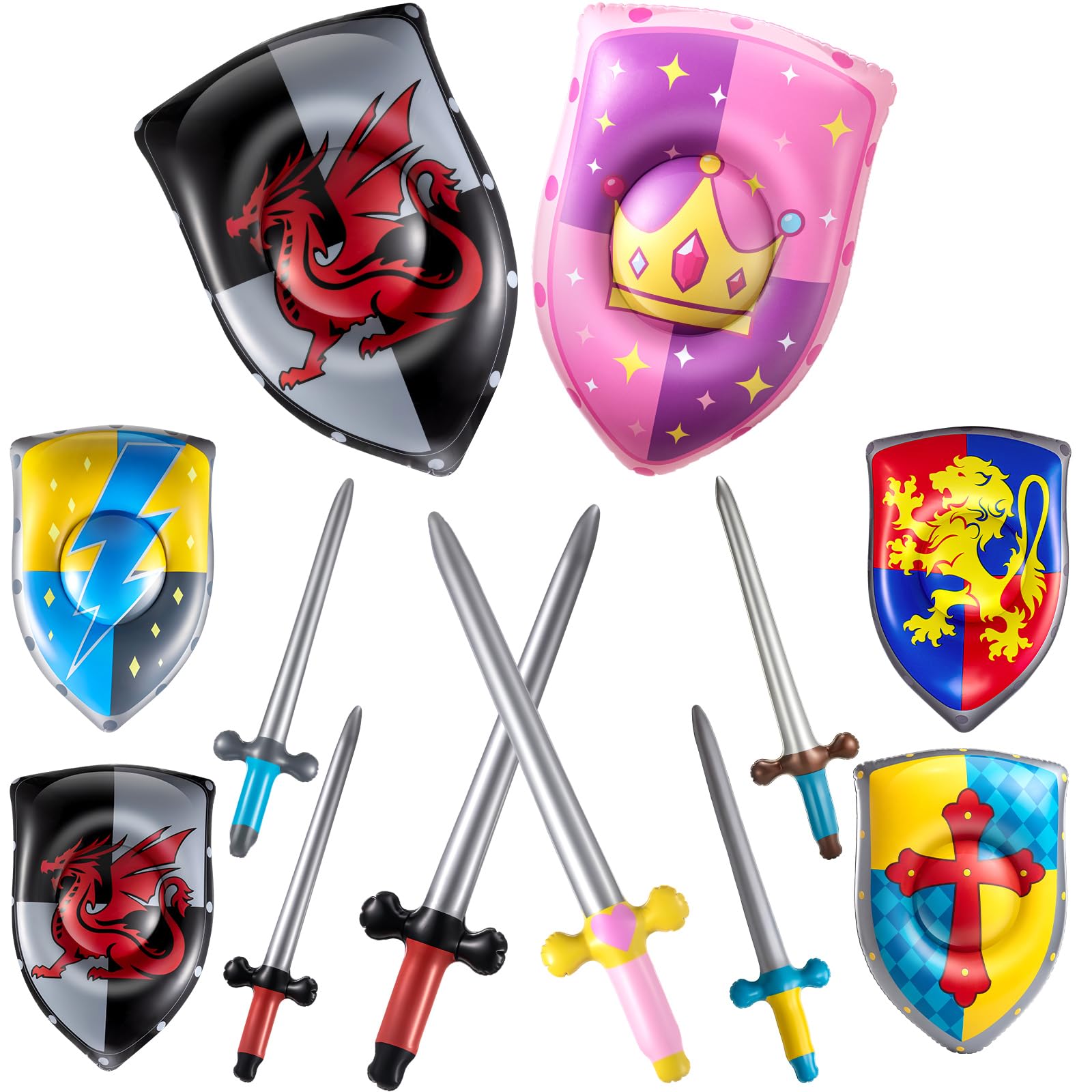 Poen 24 Pcs Inflatable Sword and Shield Knight Party Favors Set Blow up Medieval Sword Shield for Prince Party Favors Decorations Cosplay Accessories (5 Styles)