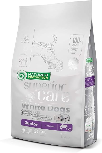 Nature's Protection Superior Care White Dogs (Maltese, Bichon Frise etc.) Dry Food I Grain Free I Junior (from 3 to 12 months age) All Breeds With White Coat I Salmon I No Tear Stain, 1.5 kg