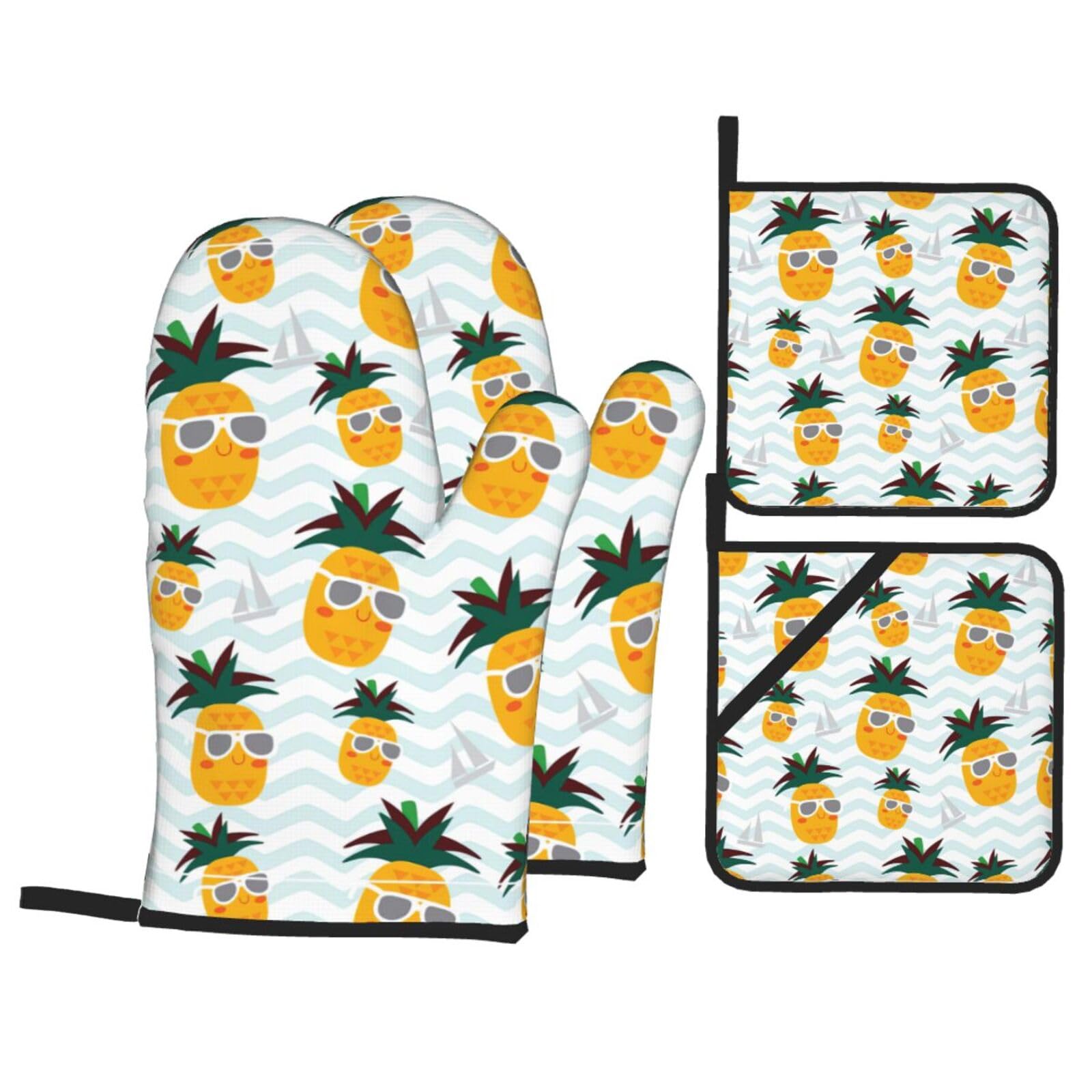 Cute Pineapple Print Kitchen Oven Mitts And Pot Holders Set,Hanging Loop Design For Cooking Baking Bbq
