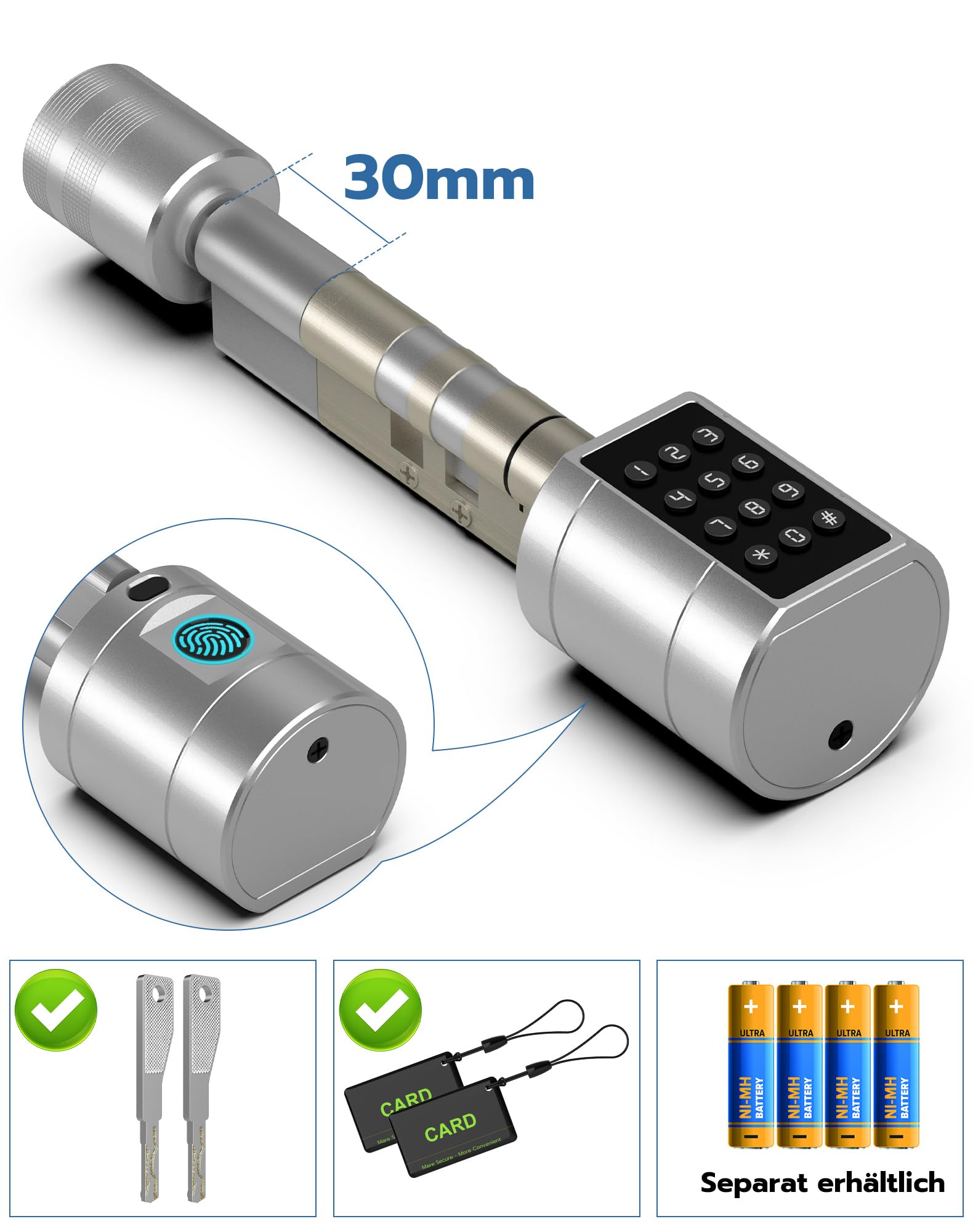 Eseesmart Türschloss Fingerabdruck, Fingerabdruck Schloss mit Zahlencode RFID Schlüssel APP, Elektrisches Smart Türschloss SchließZylinde Einstellbare Länge für 30-60mm Tür
