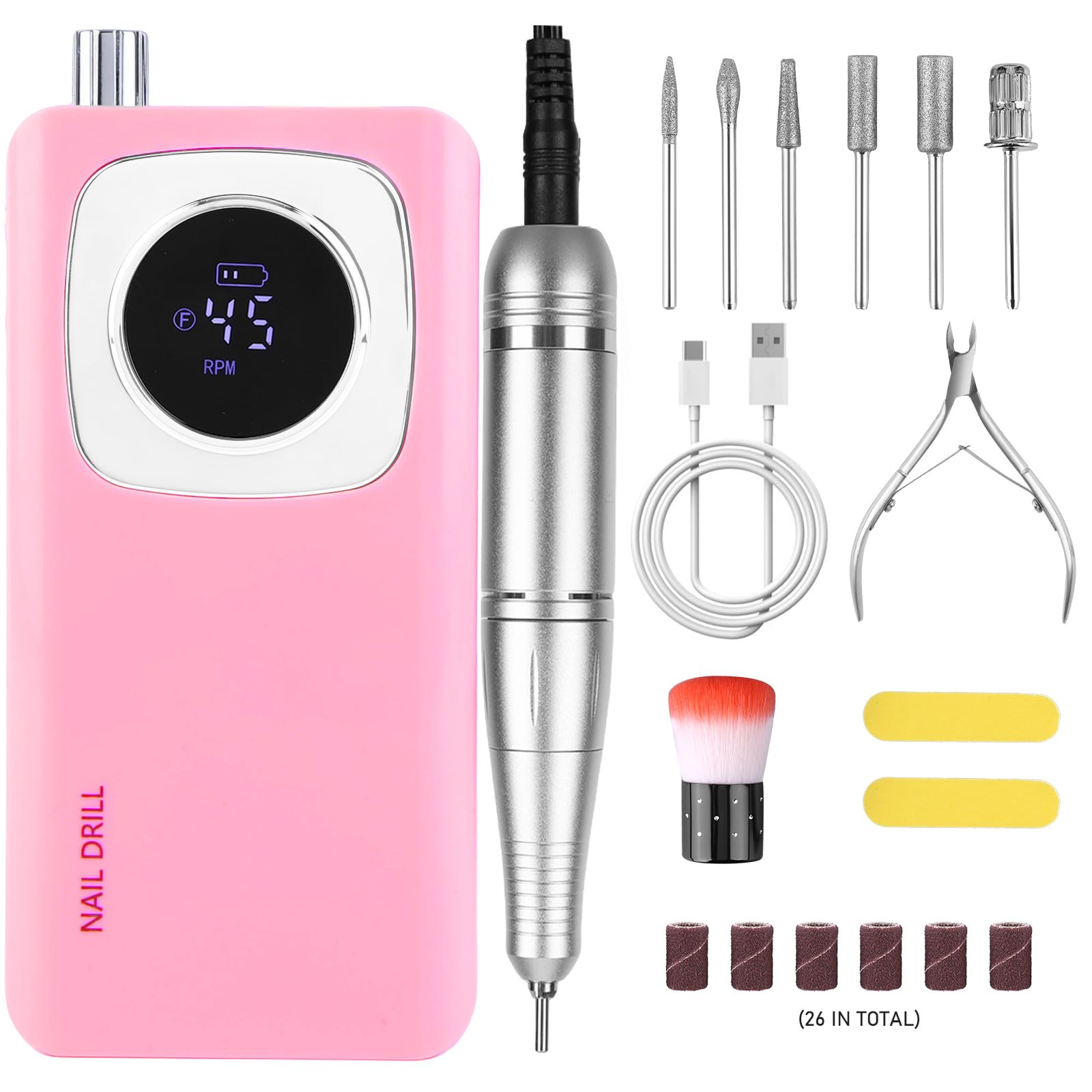 Trapano elettrico professionale per unghie, 45000 giri/min, ricaricabile, senza fili, kit di lima elettrica per unghie in gel acrilico, rimozione di lucidatura, silenzioso, con punte per