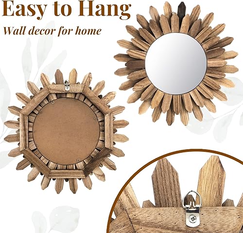 Miniatura 3 de Espejo de pared decorativo, espejos bohemios pequeños de madera rústica de 12 pulgadas, espejos transparentes con rayos solares para el hogar,