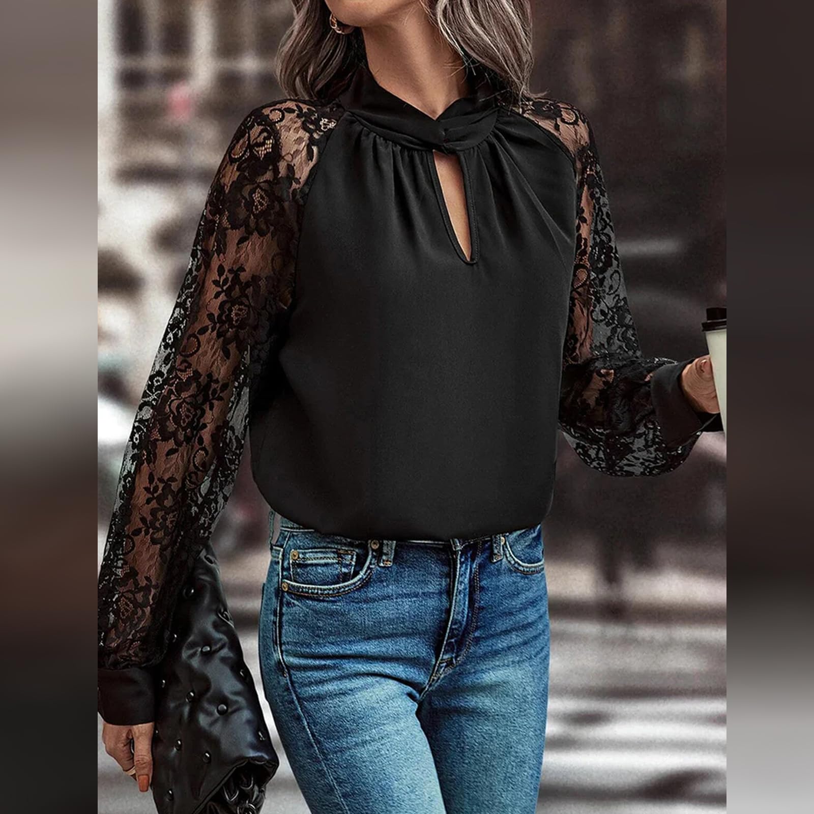 Blusa De Manga Larga con Detalle De Encaje Recortado, Blusa De Malla Transparente con Mangas Largas Y Encaje para Mujer (M,Negro)