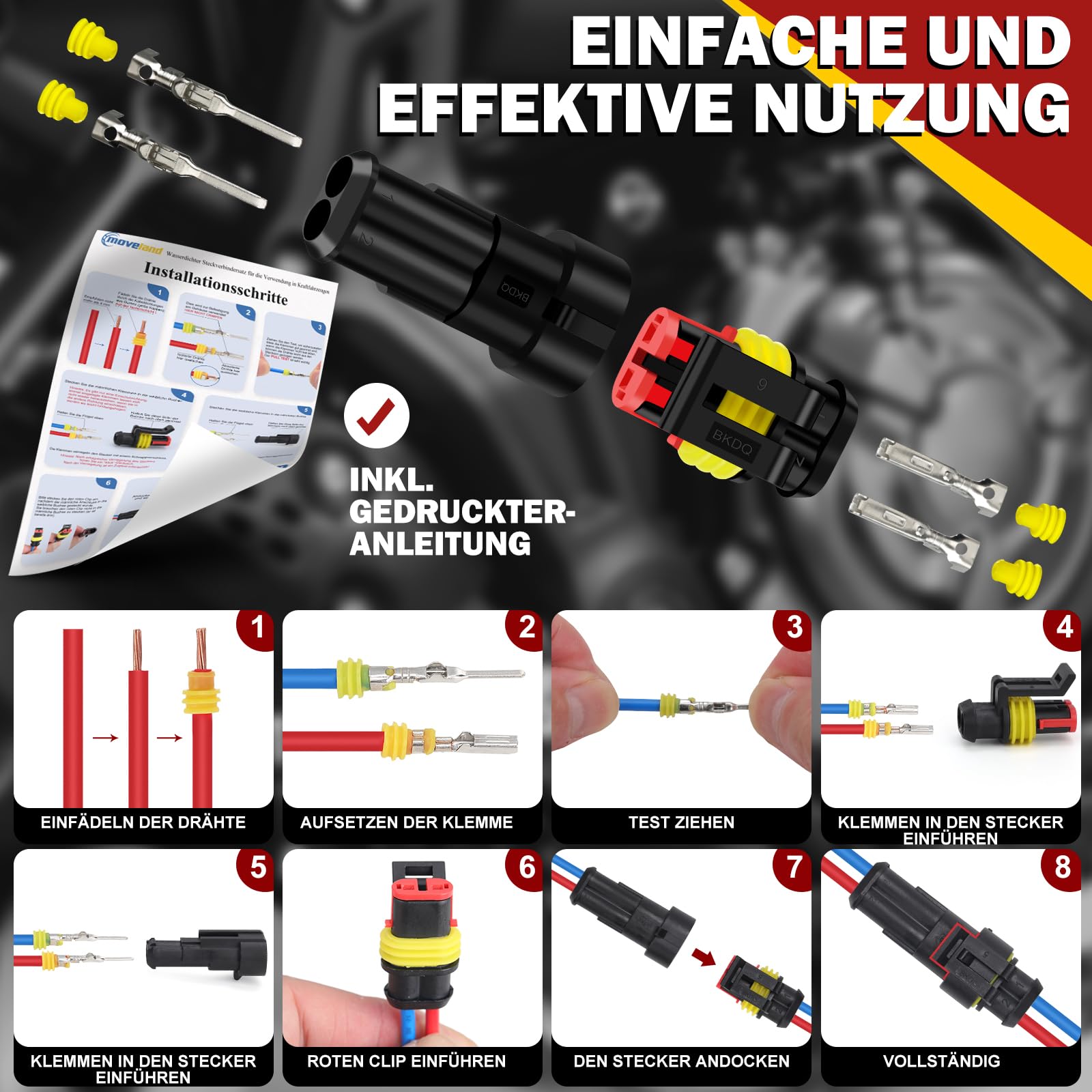 moveland kfz Stecker 808PCS - Schnell kfz Steckverbinder Wasserdicht 1/2/3/4/5/6 Polig - Dicht Stecker kfz für Auto, LKW, Boot, Motorrad(Anwendbarer Kabeldurchmesser: 1.5mm², 300V, 12A)