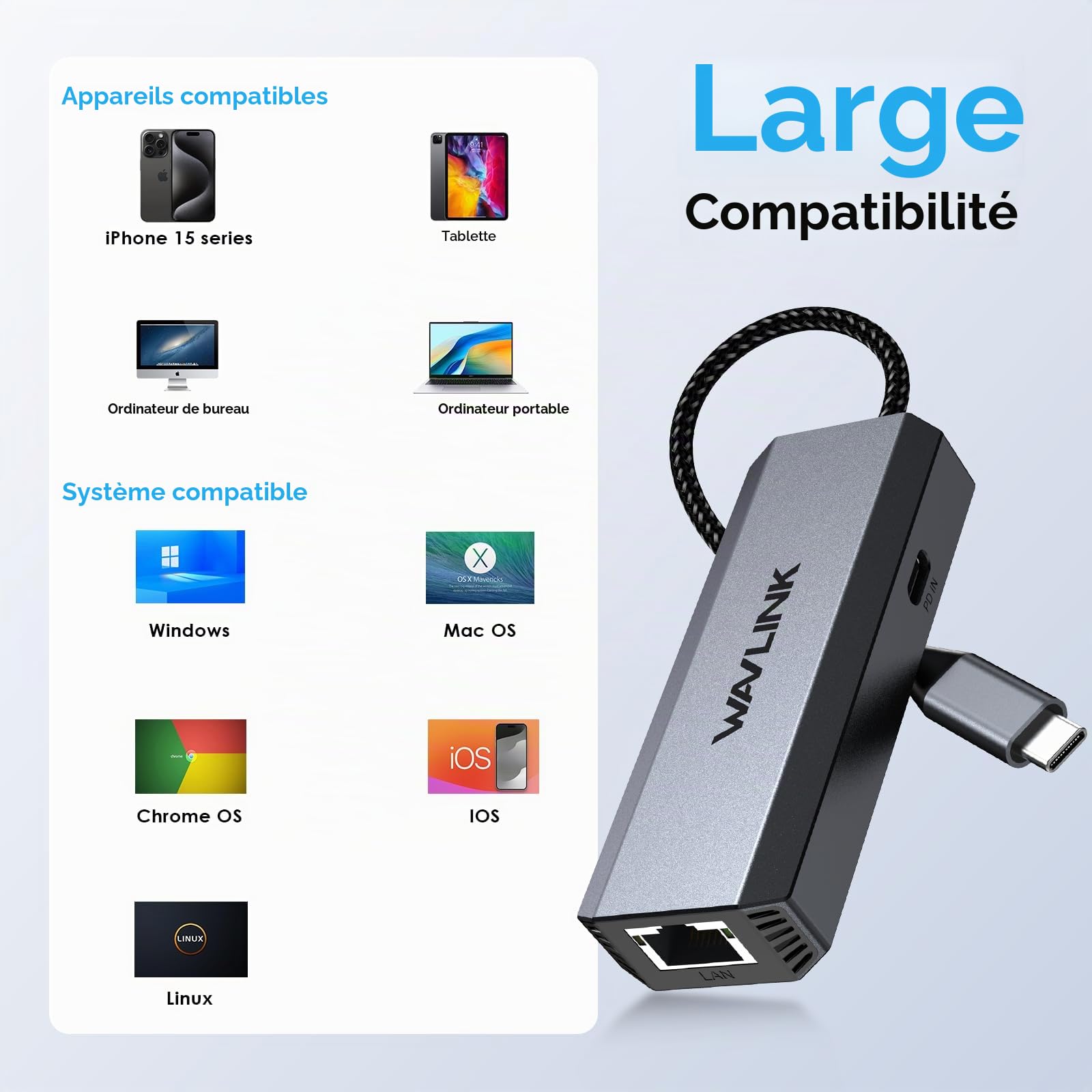 WAVLINK Adaptateur USB-C vers Ethernet, 2.5 Gbps RJ45 Plug and Play Adaptateur réseau, Adaptateur Internet Filaire avec PD 95W, Compatible avec Windows/Mac OS/iOS/Linux/Chrome OS