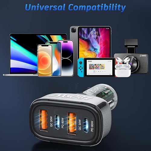 Miniatura 7 de Cargador de coche USB C de 120 W, adaptador de cargador de coche USB con 4 puertos SONRU para encendedor de cigarrillos, 2 PD 60W+2 QC3.0 30W Carga