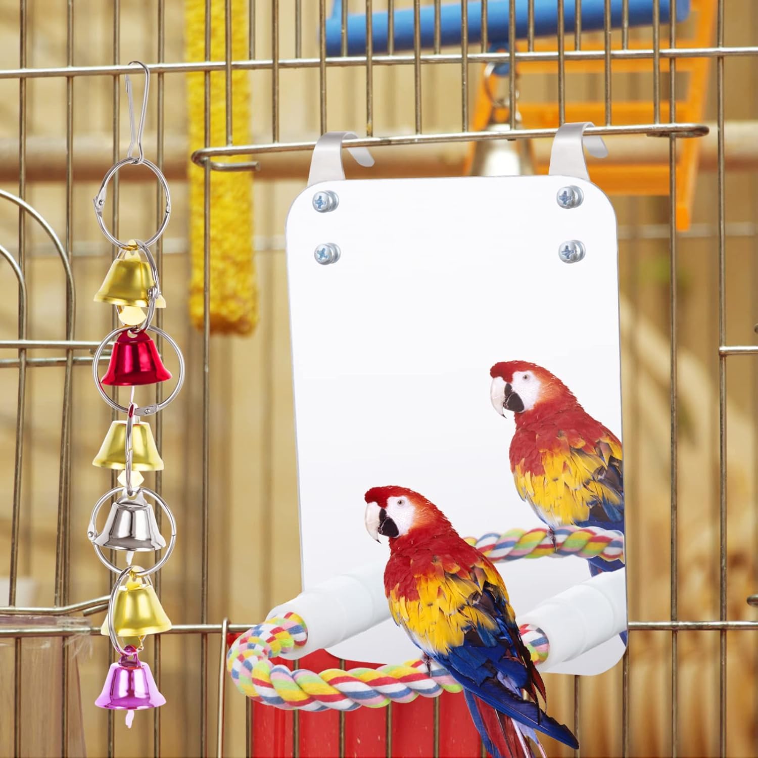 Bird Mirror with Rope Perch, Parrot Cage Toys with Wind Bell, Pet Bird Cage Perch for Gray Parakeets Cockatoos Cockatiels Conures Lovebirds Canaries