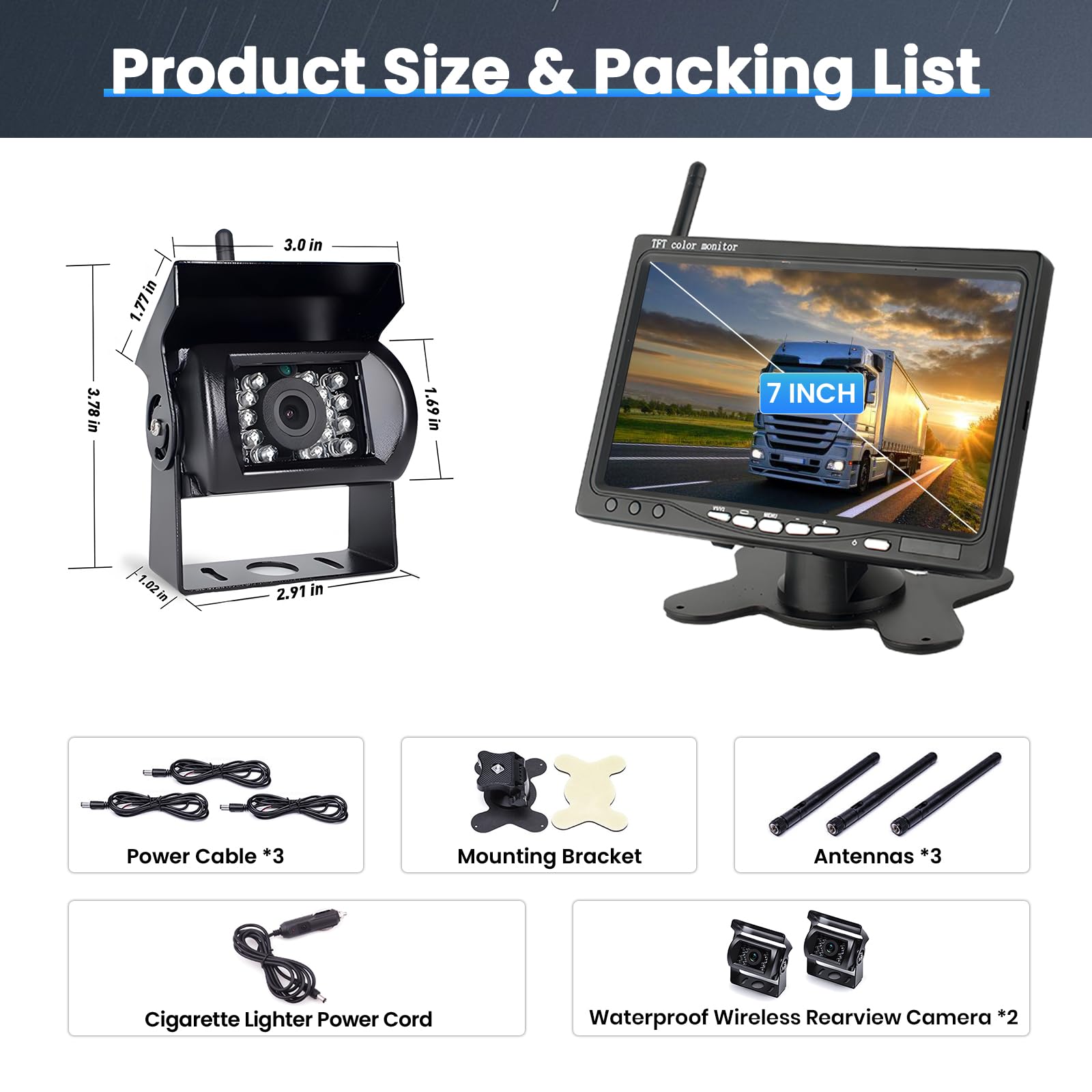 Kit de Camera de Recul sans Fil pour Voiture 2 Caméras avec écran 7'', Caméra de Vision Nocturne/étanchéité IP67, Caméra de Recul sans Fil pour Camping Cars, Camions et Caravanes/DC 12-36V