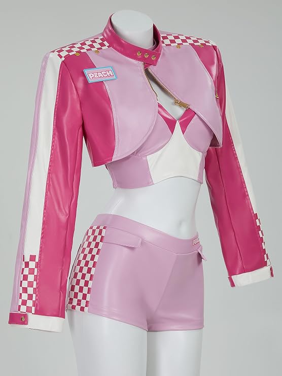 miccostumes Women's Costume Peach Cosplay Casual Outfit Pink Racing Suit Short Top and Jacket with Shorts Necklace