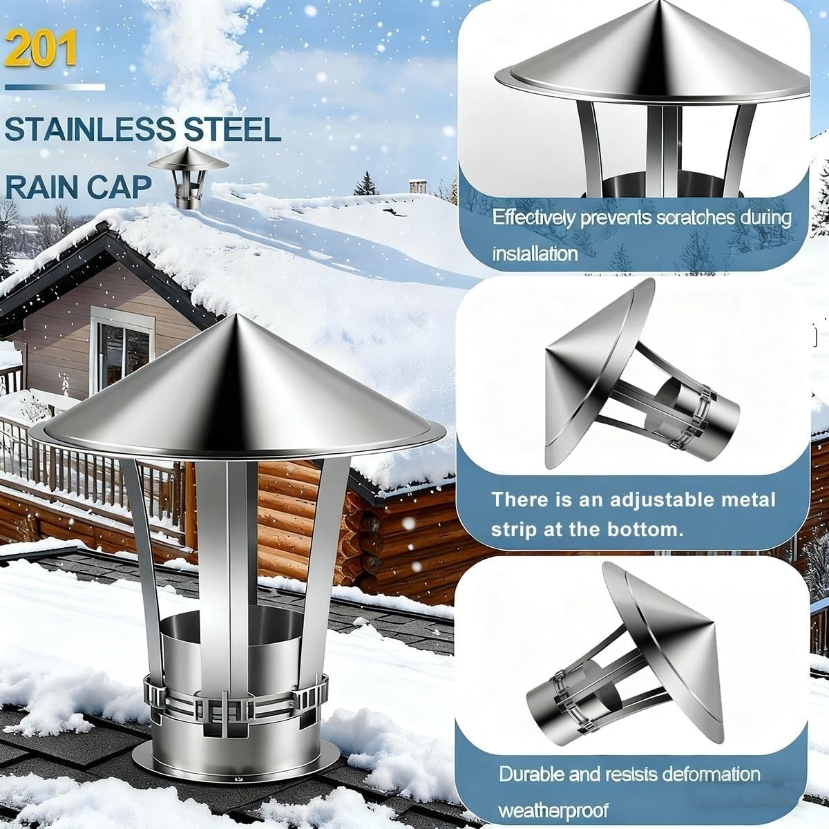 201 Tappo for camino in acciaio inox Resistente alle intemperie Cono superiore regolabile Protezione antipioggia(9.8 inch)