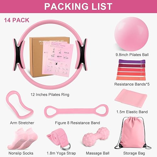 Miniatura 2 de Home Pilates Essentials Kit para mujer, equipo de pilates, juego de anillo y pelota, juego de entrenamiento rosa que incluye círculo mágico, 5